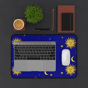 Sun Moon Stars Desk Mat, Nonslip, Galaxy Whimsigoth Vintage 1990s Libbey Celestial Inspired Print
