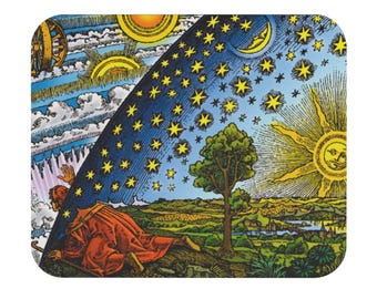 Cosmic Entry Mouse Pad (Rectangle), Esoteric Wisdom Enlightenment Sun Face Stars Moon Vintage Celestial Matrix, Flammarion Engraving Print