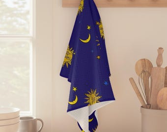 Sun Moon Stars Kitchen Tea Towel, Galaxy Whimsigoth Vintage 1990s Libbey Celestial Inspired Print