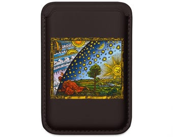 Cosmic Entry Vegan Wallet Magsafe Two Colors, Esoteric Enlightenment Sun Face Star Moon Vintage Celestial Matrix, Flammarion Engraving Print