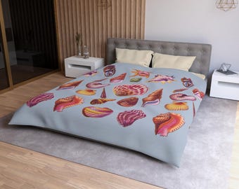 Shells Print Microfiber Duvet Cover, Story of the Sea Vintage Lithograph Scallop Conch Clam Spindle Nautilus Ocean Mermaid Beach