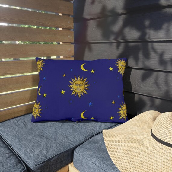Sun Moon Stars Outdoor Pillow Two Sizes, Front and Back Print, Galaxy Whimsigoth Vintage 1990s Libbey Celestial Inspired Print