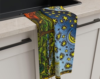 Cosmic Entry Kitchen Tea Towel, Esoteric Wisdom Enlightenment Sun Face Moon Stars Celestial Matrix, Flammarion Engraving Print