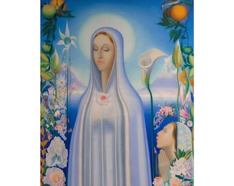 Plakat w rolce "Matka Boska z różą i lilią" Josepha Stelli, matowy i błyszczący, styl art déco, Madonna, Matka Boska, Kapłanka, Owoce tropikalne, Kwiaty