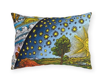 Cosmic Entry Outdoor Pillow, Esoteric Wisdom Enlightenment Sun Face Moon Stars Vintage Celestial Matrix, Flammarion Engraving Print