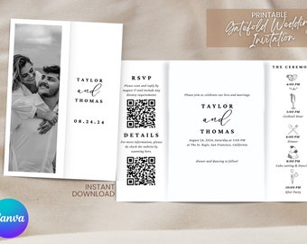 Gatefold Wedding Invitation Template Download with QR Code Printable Wedding Invite Modern Wedding Invitation Set, Edit with Canva