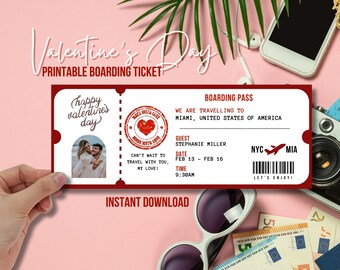 May include: A Valentine's Day printable boarding ticket with a red and white design. The ticket includes a photo, the text "Happy Valentine's Day," and details for a trip to Miami. The ticket also has the text "Instant Download."