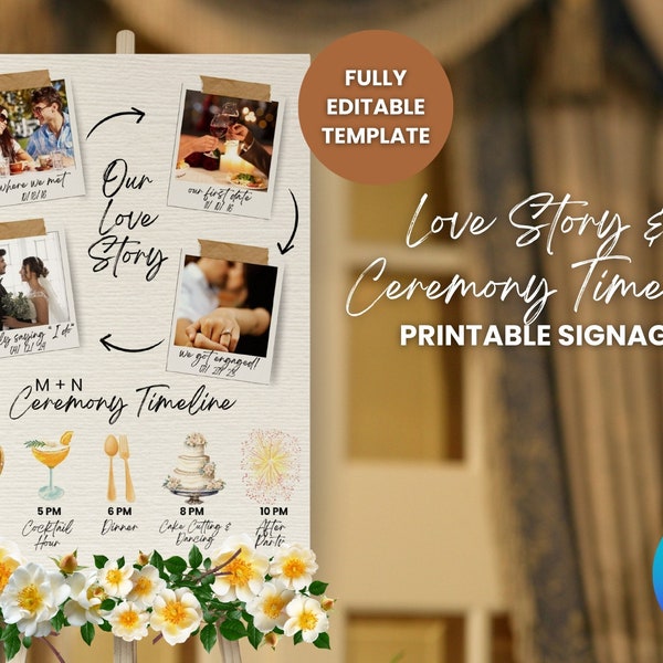 Our Story So Far, Our Story Wedding Sign, Wedding Timeline Sign, Our Story Timeline, Our Love Story Sign, Order Of Events, Canva Template