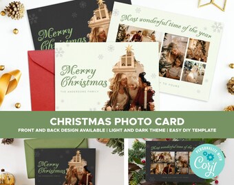 May include: Christmas photo cards with family photos, featuring the text "Merry Christmas" and "Most wonderful time of the year." The cards have light and dark themes, with snowflake accents and a red envelope.