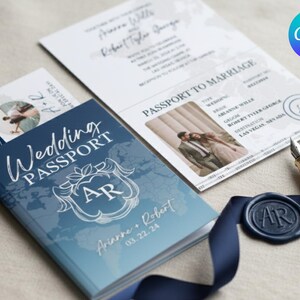Invitación de boda con tarjeta de embarque, invitación de boda de destino, paquete de boda de viaje, invitación de pasaporte, plantilla editable, Canva