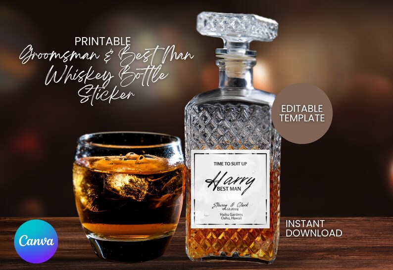 Editable Whiskey Label, Groomsman Whiskey Label, Best Man Whiskey Label, Custom Liquor Label for ...