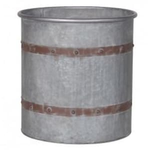 May include: A cylindrical galvanised metal bucket featuring a smooth silver-grey finish. The container is encircled by two horizontal brown metal bands, each secured with evenly spaced rivets, creating a structured and industrial appearance.
