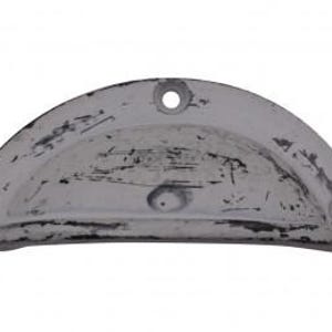 May include: A distressed, semi-circular cabinet pull with a white finish and black accents. The metal hardware features three screw holes and a shallow, curved design, perfect for a vintage or rustic aesthetic.