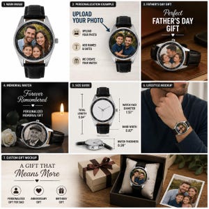 May include: A custom wristwatch with a black leather strap and a silver-tone case featuring a personalized photo on the watch face. The watch has a 1.57-inch diameter face, 0.87-inch band width, 0.39-inch thickness, and a 9.84-inch total length.