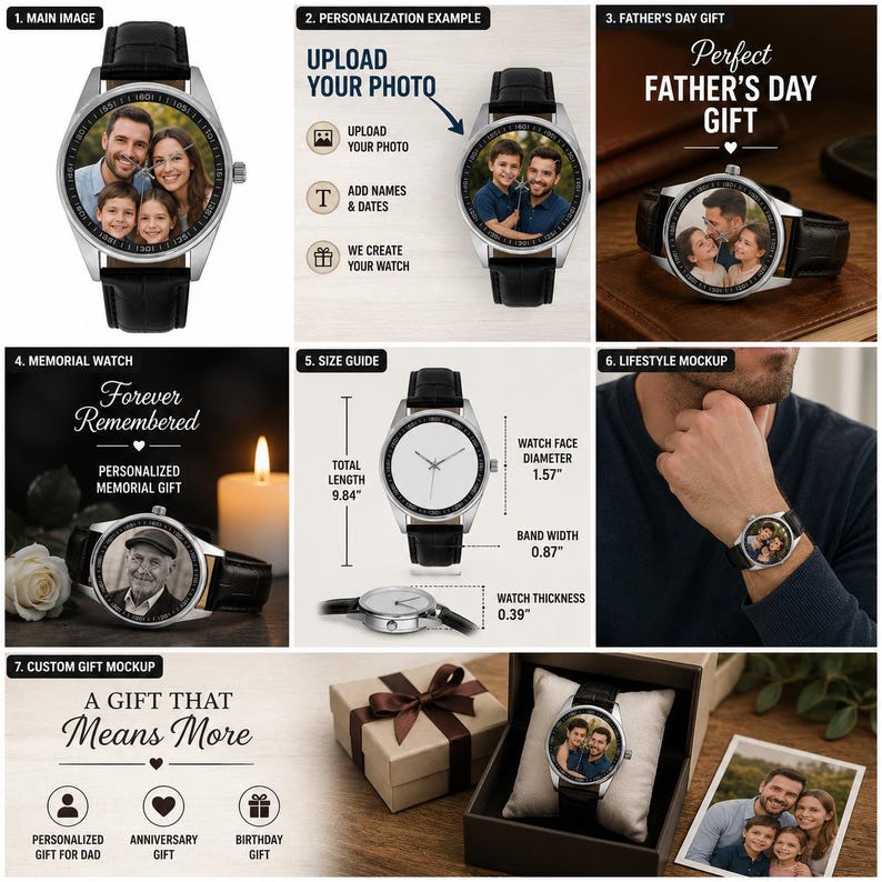 May include: A custom wristwatch with a black leather strap and a silver-tone case featuring a personalized photo on the watch face. The watch has a 1.57-inch diameter face, 0.87-inch band width, 0.39-inch thickness, and a 9.84-inch total length.