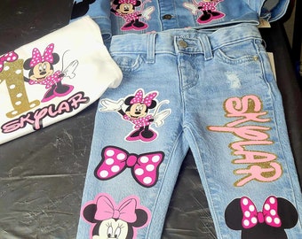 Tenue d'anniversaire Minnie Mouse personnalisée | Veste en jean, chemise, pantalon (3 pièces)
