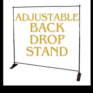May include: A black adjustable backdrop stand with the text "ADJUSTABLE BACKDROP STAND" in gold lettering.