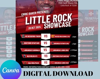 Op de afbeelding: Een rode en witte flyer met een zwart-witfoto van een man. De flyer adverteert een Little Rock Football Showcase op 20 oktober 2024. De flyer vermeldt de teams en tijden van de wedstrijden. De flyer bevat ook de contactgegevens van de organisator.