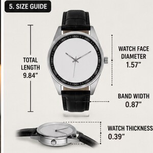 May include: A wristwatch with a black textured leather strap and a silver case featuring a white face. The size guide indicates a total length of 9.84 inches, a watch face diameter of 1.57 inches, a band width of 0.87 inches, and a thickness of 0.39 inches.