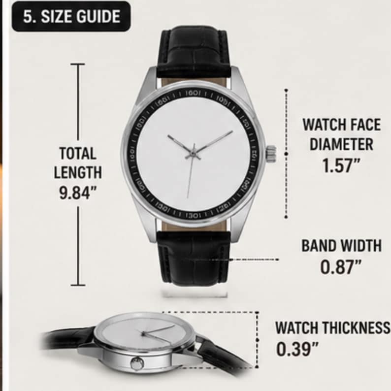 May include: A wristwatch with a black textured leather strap and a silver case featuring a white face. The size guide indicates a total length of 9.84 inches, a watch face diameter of 1.57 inches, a band width of 0.87 inches, and a thickness of 0.39 inches.