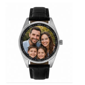 May include: A wristwatch with a silver-tone metal case and a black textured leather strap. The watch face features a custom color photograph of a family of four, including two adults and two children, with silver hands and a black outer ring.