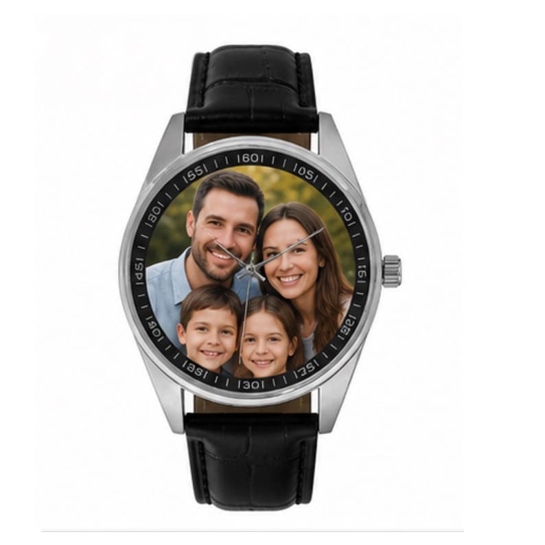 May include: A wristwatch with a silver-tone metal case and a black textured leather strap. The watch face features a custom color photograph of a family of four, including two adults and two children, with silver hands and a black outer ring.