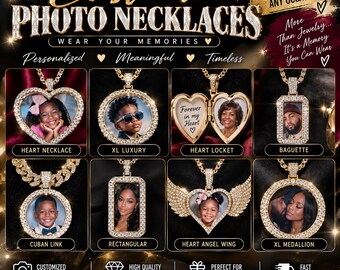 May include: A collection of custom photo necklaces featuring various pendant shapes including heart, circular, rectangular, and heart locket styles. Each pendant is framed with clear stones and suspended from metallic chains, displaying personal photographs.