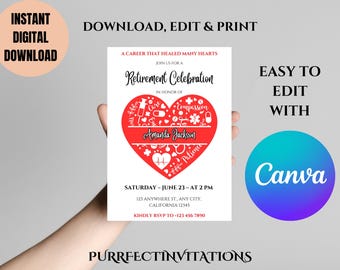 Editable Nurse Retirement Invitation Template: Heart Design (Digital Download)