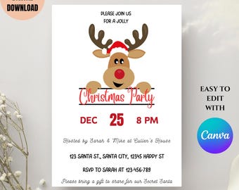 May include: A white Christmas party invitation featuring a cartoon reindeer in a Santa hat. The invitation includes the text "Christmas Party" and the date, December 25th at 8 PM. The invitation is easy to edit with Canva.