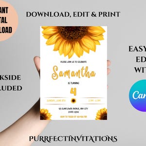 Editable Sunflower Birthday Invitation, Sunflower Birthday Invite, Sunflower Party Invitation, Editable Invitation, Girls Invitation Any Age