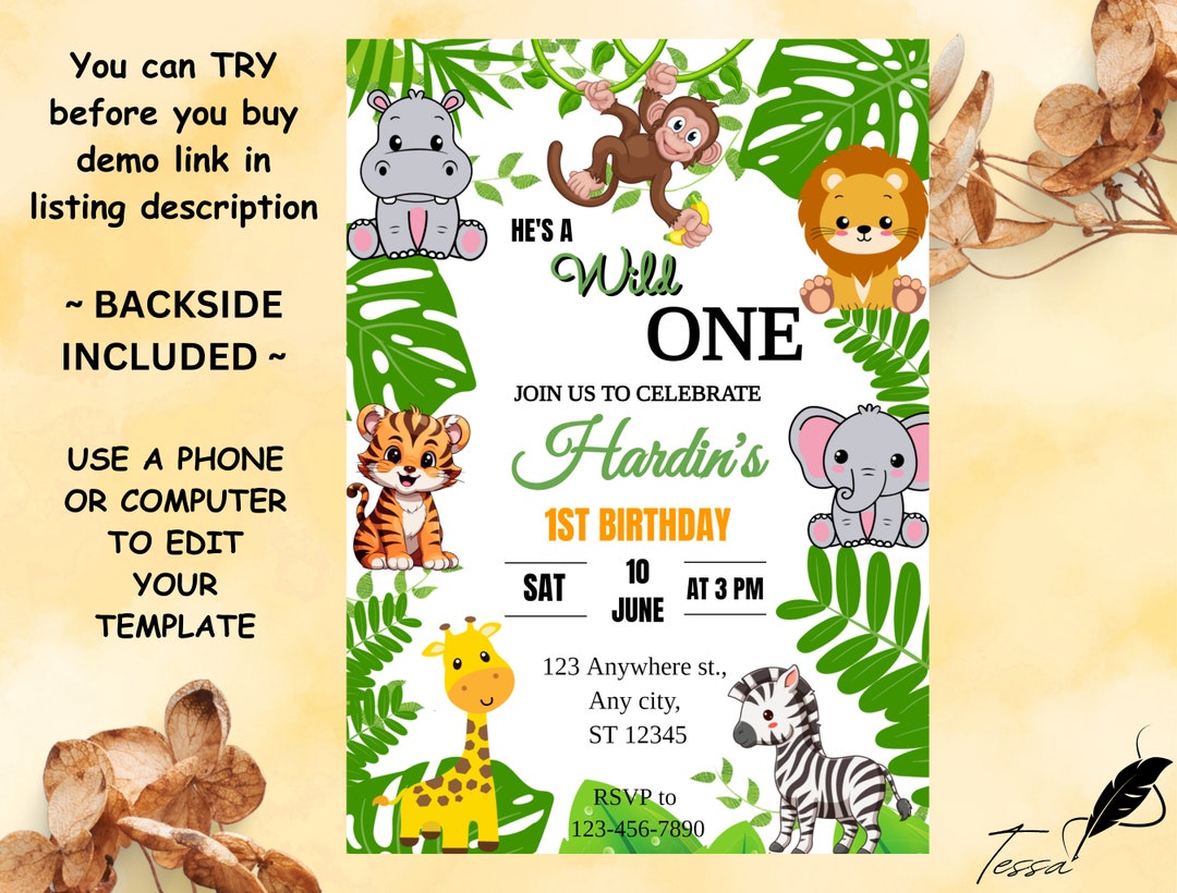EDITABLE Safari Birthday Invitation, Wild One 1st Birthday Invite ...