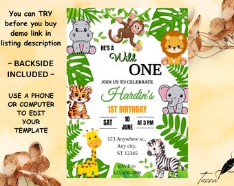 EDITABLE Safari Birthday Invitation, Wild One 1st Birthday Invite, Party Jungle Animals Invitation, Instant Download Printable Template