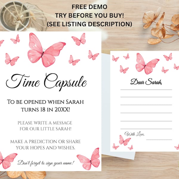 Editable Pink Butterfly Time Capsule, First Birthday Party Butterfly, Birthday Butterfly Guestbook, 1st Birthday Butterfly, Digital Template