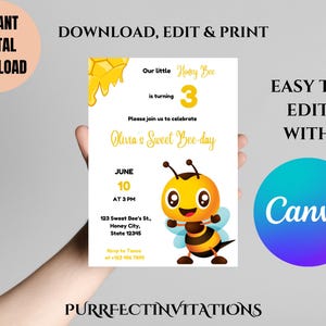 Canva Editable Bee Birthday Invitation, Cute Bee Birthday Invite, Honey Bee Party Invitation, Any Age Kids Invitation, Instant Download