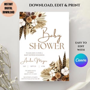 Editable Boho Baby Shower Invitation, Gender Neutral Invite, Pampas, Boho Floral, Instant Digital Download, Canva Printable Evite Template