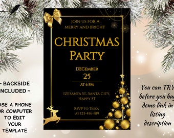 Editable Christmas Party Invitation Black Gold Christmas Invite Elegant Shiny Christmas Party Invite Instant Download Printable Template