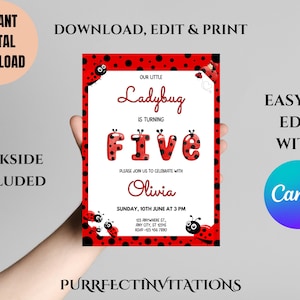 Canva Editable 5th Birthday Invitation, Ladybug Invitation, Fifth Kids Birthday Party Invite, Girl Ladybug Invite, Instant Download Template