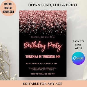 Black and Pink Birthday Invitation: Feminine Canva Template (Digital Download 5x7&quot; PDF