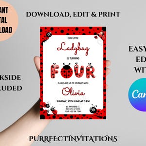 Canva Editable 4th Birthday Invitation, Fourth Ladybug Invitation, Birthday Party Invite, Girl Ladybug Invite, Instant Download Template