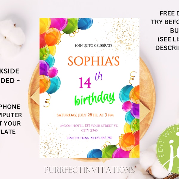 EDITABLE Birthday Party Invitation, Colorful Balloons Party Invite, Colorful Birthday Party Invitation Printable Template Instant Download