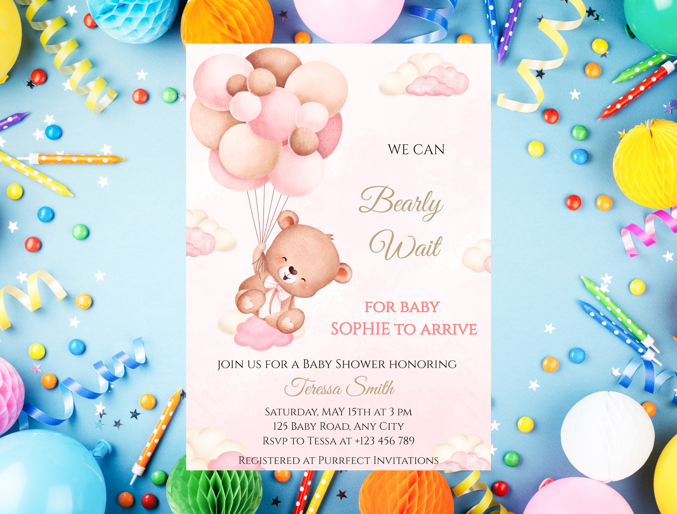 Editable Pink Teddy Bear Baby Shower Invitation, We Can Bearly Wait ...