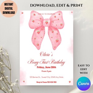Berry Sweet Birthday Invitation Template, Any Age Berry Birthday Invite, Strawberry Birthday Invite, Girl Cute Pink Birthday Invitation