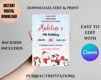 May include: A digital invitation with a winter theme, featuring penguins and a snowman. The invitation reads "Madeline's 5th birthday" and includes event details. The design is easily editable with Canva and includes a backside.