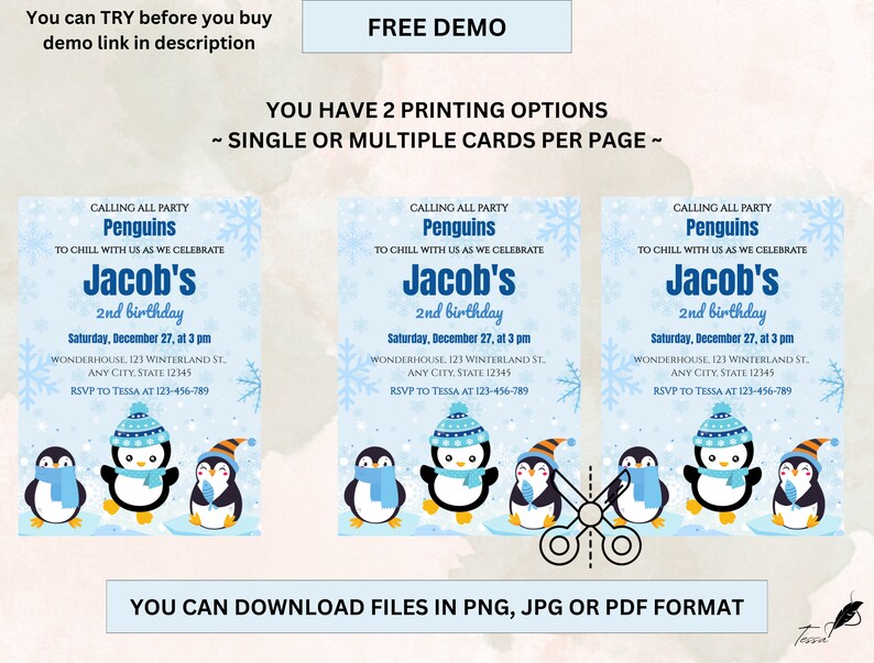 Editable Winter Birthday Invitation, Penguins Birthday Invitation, ANY