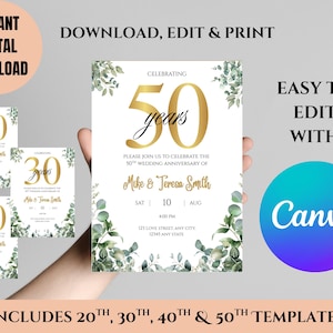 Editable 50th Anniversary Party Invitation, 20th, 30th, 40th Wedding Anniversary, Canva Template Gold Digital Invitation Instant Download
