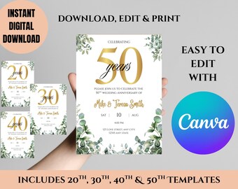 Anniversary Party Invitation: Gold Floral Canva Template (Digital Download)