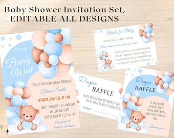 EDITABLE We Can Bearly Wait Boy Baby Shower Invitation SET, Blue Balloon Bear Baby Shower Invite, Boho Baby Shower Invite Printable Template