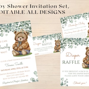 Editable Bear Baby Shower Invitation Set: Greenery Theme (Digital Download)