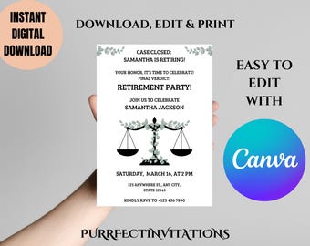 Elegant Judge Retirement Invitation Template: Scales of Justice (Digital Download)