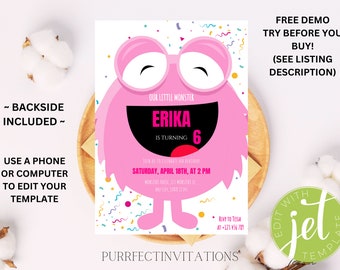 EDITABLE Cute Monsters Birthday Invitation, Pink Monster Birthday Party Invite, ANY AGE Monsters Party Invitation Digital Printable Template